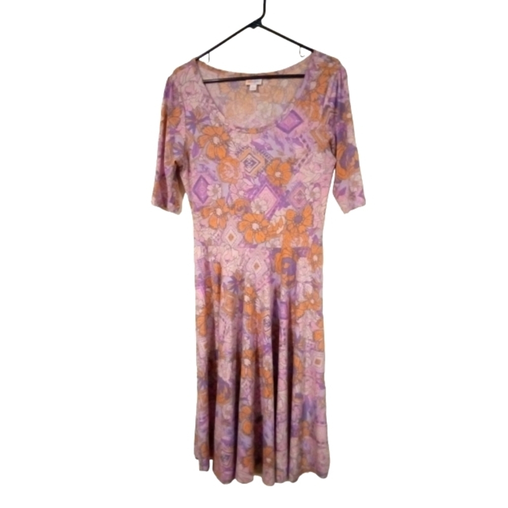 LuLaRoe Nicole Midi Dress Purple & Pink Geo & Floral Pattern Barbiecore Casual L